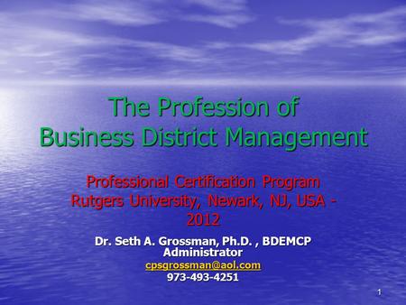 1 The Profession of Business District Management Professional Certification Program Rutgers University, Newark, NJ, USA - 2012 Dr. Seth A. Grossman, Ph.D.,