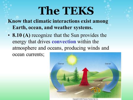 The TEKS Know that climatic interactions exist among Earth, ocean, and weather systems. 8.10 (A) recognize that the Sun provides the energy that drives.