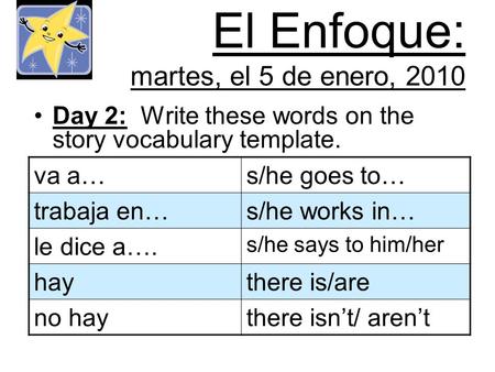 El Enfoque: martes, el 5 de enero, 2010 Day 2: Write these words on the story vocabulary template. va a…s/he goes to… trabaja en…s/he works in… le dice.