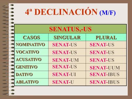 4ª DECLINACIÓN (M/F) SENATUS,-US CASOS SINGULAR PLURAL SENAT-US