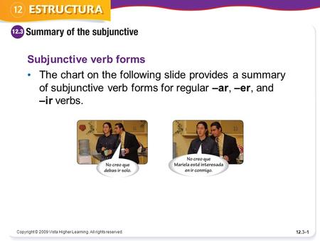 Copyright © 2009 Vista Higher Learning. All rights reserved. 12.3–1 Subjunctive verb forms The chart on the following slide provides a summary of subjunctive.