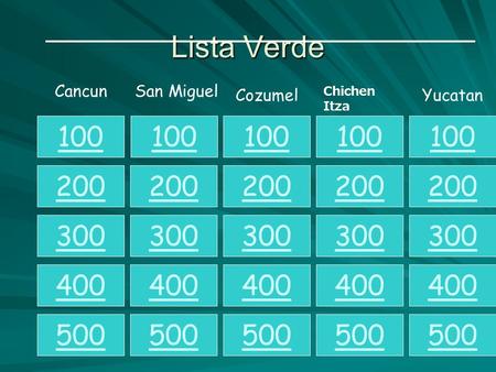 Lista Verde CancunSan Miguel CozumelYucatan 100 200 300 400 500 100 200 300 400 500 100 200 300 400 500 100 200 300 400 500 100 200 300 400 500 Chichen.