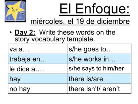 El Enfoque: miércoles, el 19 de diciembre Day 2: Write these words on the story vocabulary template. va a…s/he goes to… trabaja en…s/he works in… le dice.
