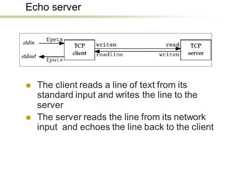 Echo server The client reads a line of text from its standard input and writes the line to the server The server reads the line from its network input.