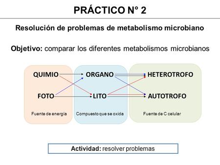 Objetivo: comparar los diferentes metabolismos microbianos PRÁCTICO N° 2 Resolución de problemas de metabolismo microbiano QUIMIOORGANO HETEROTROFO FOTOLITO.