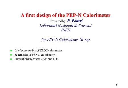 1 A first design of the PEP-N Calorimeter A first design of the PEP-N Calorimeter Presented by P. Patteri Laboratori Nazionali di Frascati INFN for PEP-N.