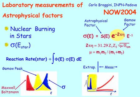 Carlo Broggini, INFN-Padova Nuclear Burning in Stars (E star ) ( E ) = S(E) e –2 E -1 2 cm m m m m Astrophysical Factor Gamow Factor Reaction Rate(star)