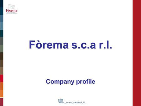 Fòrema s.c.a r.l. Company profile. The Group Confindustria Padova CONFINDUSTRIA PADOVA CONFINDUSTRIA PADOVA FOREMA Scarl FOREMA Scarl SAPI S.p.a. SAPI.