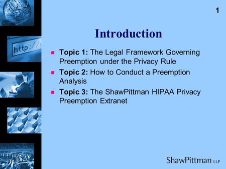 0 Jumping through Two Hoops: the HIPAA Privacy Rule and State Law Compliance Issues Bruce Merlin Fried, Esq. The fifth National HIPAA Summit November 1,
