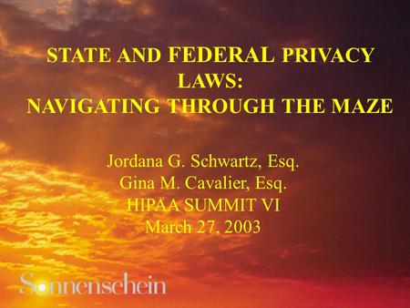 STATE AND FEDERAL PRIVACY LAWS: NAVIGATING THROUGH THE MAZE Jordana G. Schwartz, Esq. Gina M. Cavalier, Esq. HIPAA SUMMIT VI March 27, 2003.