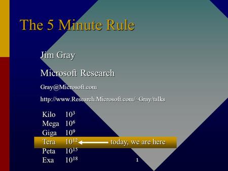 1 The 5 Minute Rule Jim Gray Microsoft Research Kilo10 3 Mega10 6 Giga10 9 Tera10 12 today,