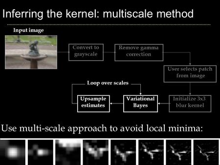 Inferring the kernel: multiscale method Input image Loop over scales Variational Bayes Upsample estimates Use multi-scale approach to avoid local minima: