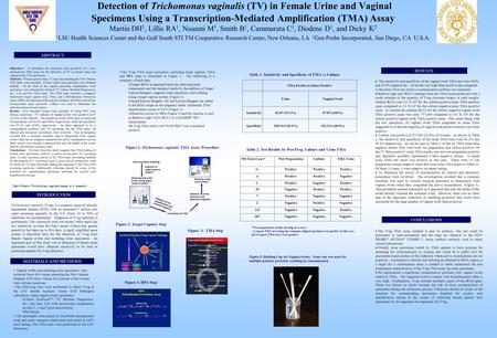 Detection of Trichomonas vaginalis (TV) in Female Urine and Vaginal Specimens Using a Transcription-Mediated Amplification (TMA) Assay Martin DH1, Lillis.
