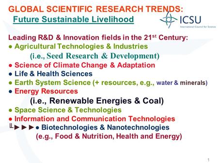 1 GLOBAL SCIENTIFIC RESEARCH TRENDS: Future Sustainable Livelihood Leading R&D & Innovation fields in the 21 st Century: Agricultural Technologies & Industries.