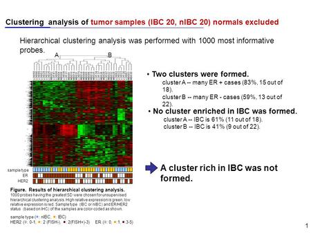1 Clustering analysis of tumor samples (IBC 20, nIBC 20) normals excluded sample type ER HER2 AB Figure. Results of hierarchical clustering analysis. 1000.