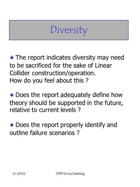 11/29/01YPP Town Meeting The report indicates diversity may need to be sacrificed for the sake of Linear Collider construction/operation. How do you feel.