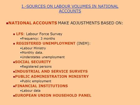 I.-SOURCES ON LABOUR VOLUMES IN NATIONAL ACCOUNTS NATIONAL ACCOUNTS MAKE ADJUSTMENTS BASED ON: LFS: Labour Force Survey Frequency: 3 months REGISTERED.
