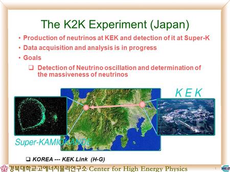 1 The K2K Experiment (Japan) Production of neutrinos at KEK and detection of it at Super-K Data acquisition and analysis is in progress Goals Detection.