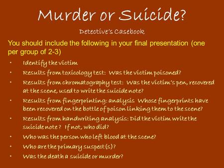 Murder or Suicide? Detectives Casebook Identify the victim Results from toxicology test: Was the victim poisoned? Results from chromatography test: Was.