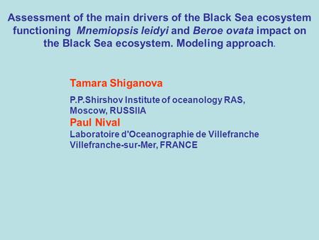 Assessment of the main drivers of the Black Sea ecosystem functioning Mnemiopsis leidyi and Beroe ovata impact on the Black Sea ecosystem. Modeling approach.