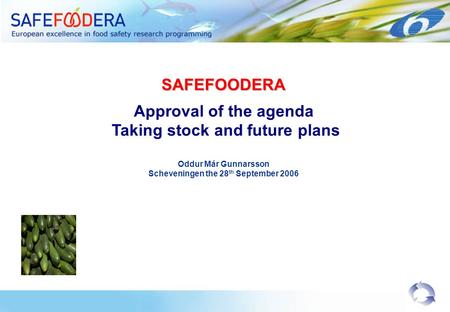 SAFEFOODERA Approval of the agenda Taking stock and future plans Oddur Már Gunnarsson Scheveningen the 28 th September 2006.