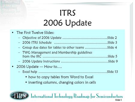 Slide 1 ITRS 2006 Update The First Twelve Slides: –Objective of 2006 Update ………………………………….Slide 2 –2006 ITRS Schedule …..…………………………………….Slide 3 –Group.