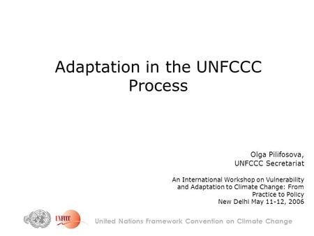 Adaptation in the UNFCCC Process United Nations Framework Convention on Climate Change Olga Pilifosova, UNFCCC Secretariat An International Workshop on.