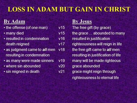 LOSS IN ADAM BUT GAIN IN CHRIST By AdamBy Jesus the offense (of one man)v15 The free gift (by grace) many died v15the grace... abounded to many resulted.