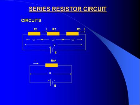 SERIES RESISTOR CIRCUIT. THE EQUIVALENT SERIES RESISTANCE IS : Req = R 1 + R 2 + R 3 THE CURRENT OF THE CIRCUIT IS : I = U / (R 1 + R 2 + R 3 ) THE EQUIVALENT.