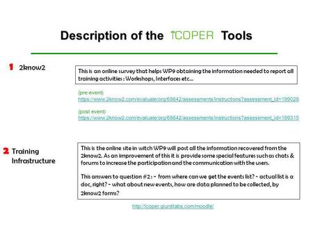Description of the Tools Training Infrastructure 2know2 This is an online survey that helps WP9 obtaining the information needed to report all training.