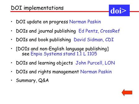 DOI update on progress Norman Paskin DOIs and journal publishing Ed Pentz, CrossRef DOIs and book publishing David Sidman, CDI [DOIs and non-English language.