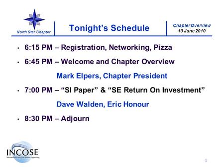 Chapter Overview 10 June 2010 North Star Chapter 1 Tonights Schedule 6:15 PM – Registration, Networking, Pizza 6:45 PM – Welcome and Chapter Overview Mark.