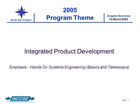 Chapter Overview 10 March 2005 North Star Chapter PM 1 2005 Program Theme Integrated Product Development Emphasis - Hands On Systems Engineering (Basics.