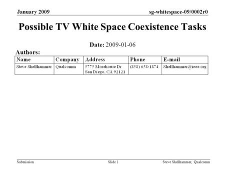 Sg-whitespace-09/0002r0 Submission January 2009 Steve Shellhammer, QualcommSlide 1 Possible TV White Space Coexistence Tasks Date: 2009-01-06 Authors: