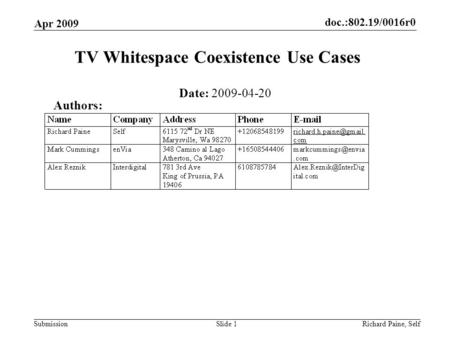 Doc.:802.19/0016r0 Submission Apr 2009 Richard Paine, SelfSlide 1 TV Whitespace Coexistence Use Cases Date: 2009-04-20 Authors:
