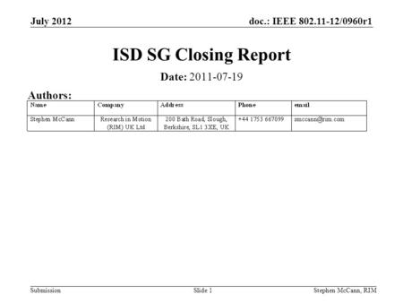 Doc.: IEEE 802.11-12/0960r1 Submission July 2012 Stephen McCann, RIMSlide 1 ISD SG Closing Report Date: 2011-07-19 Authors:
