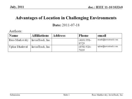 Submission doc.: IEEE 11-10/1033r0 July, 2011 Russ Markhovsky, InvisiTrack, Inc.Slide 1 Advantages of Location in Challenging Environments Date: 2011-07-18.