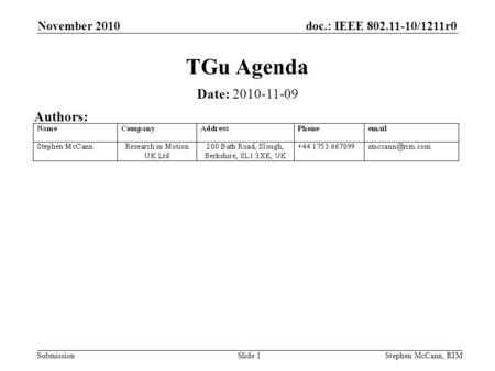 Doc.: IEEE 802.11-10/1211r0 Submission November 2010 Stephen McCann, RIMSlide 1 TGu Agenda Date: 2010-11-09 Authors: