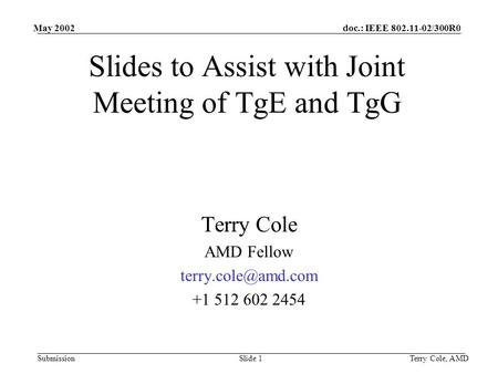 Doc.: IEEE 802.11-02/300R0 Submission May 2002 Terry Cole, AMDSlide 1 Slides to Assist with Joint Meeting of TgE and TgG Terry Cole AMD Fellow