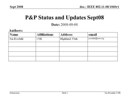 Doc.: IEEE 802.11-08/1060r1 Submission Sept 2008 Jon Rosdahl, CSRSlide 1 P&P Status and Updates Sept08 Date: 2008-09-08 Authors: