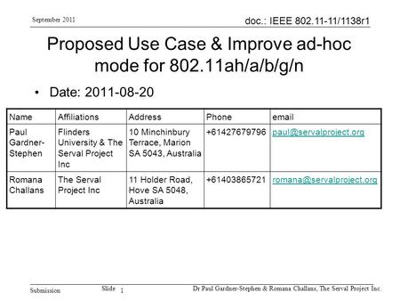 1 doc.: IEEE 802.11-11/1138r1 Submission SlideDr Paul Gardner-Stephen & Romana Challans, The Serval Project Inc. September 2011 Proposed Use Case & Improve.