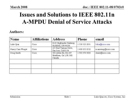 Doc.: IEEE 802.11-08/0703r0 Submission March 2008 Luke Qian etc, Cisco Systems, IncSlide 1 Issues and Solutions to IEEE 802.11n A-MPDU Denial of Service.