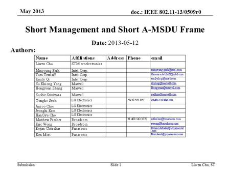 Doc.: IEEE 802.11-13/0509r0 SubmissionSlide 1 Short Management and Short A-MSDU Frame Date: 2013-05-12 Authors: Liwen Chu, ST May 2013.