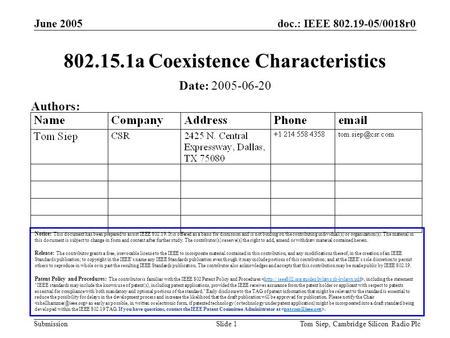 Doc.: IEEE 802.19-05/0018r0 Submission June 2005 Tom Siep, Cambridge Silicon Radio PlcSlide 1 802.15.1a Coexistence Characteristics Notice: This document.