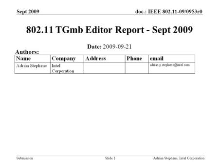 Doc.: IEEE 802.11-09/0953r0 Submission Sept 2009 Adrian Stephens, Intel CorporationSlide 1 802.11 TGmb Editor Report - Sept 2009 Date: 2009-09-21 Authors: