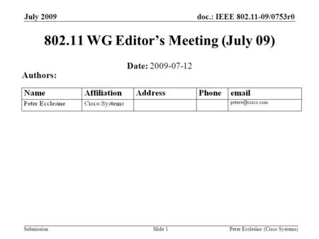 Submission doc.: IEEE 802.11-09/0753r0July 2009 Peter Ecclesine (Cisco Systems)Slide 1 802.11 WG Editors Meeting (July 09) Date: 2009-07-12 Authors: