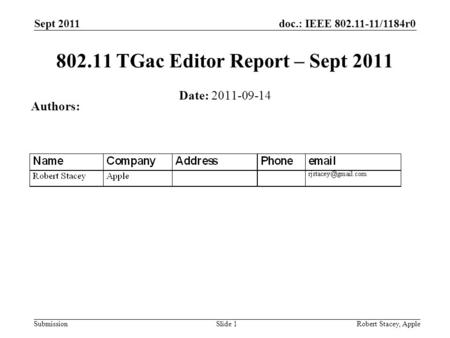 Doc.: IEEE 802.11-11/1184r0 Submission Sept 2011 Robert Stacey, AppleSlide 1 802.11 TGac Editor Report – Sept 2011 Date: 2011-09-14 Authors: