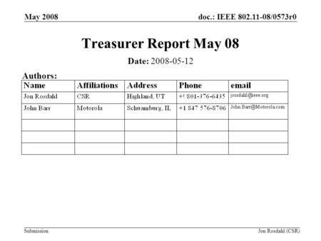 Doc.: IEEE 802.11-08/0573r0 Submission May 2008 Jon Rosdahl (CSR) Treasurer Report May 08 Date: 2008-05-12 Authors: