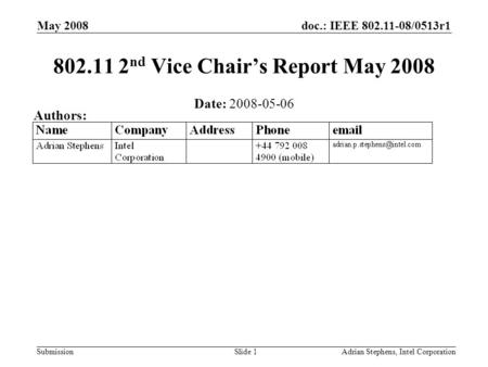 Doc.: IEEE 802.11-08/0513r1 Submission May 2008 Adrian Stephens, Intel CorporationSlide 1 802.11 2 nd Vice Chairs Report May 2008 Date: 2008-05-06 Authors: