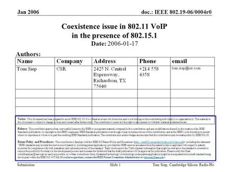 Doc.: IEEE 802.19-06/0004r0 Submission Jan 2006 Tom Siep, Cambridge Silicon Radio PlcSlide 1 Coexistence issue in 802.11 VoIP in the presence of 802.15.1.